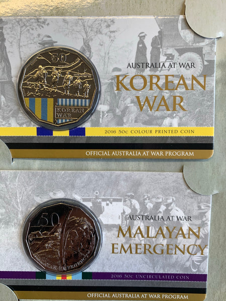 Australia 2014 - 2016 Royal Australian Mint Fifty Cents 50c Australians at War set of 18 Mint Coins on cards as issued