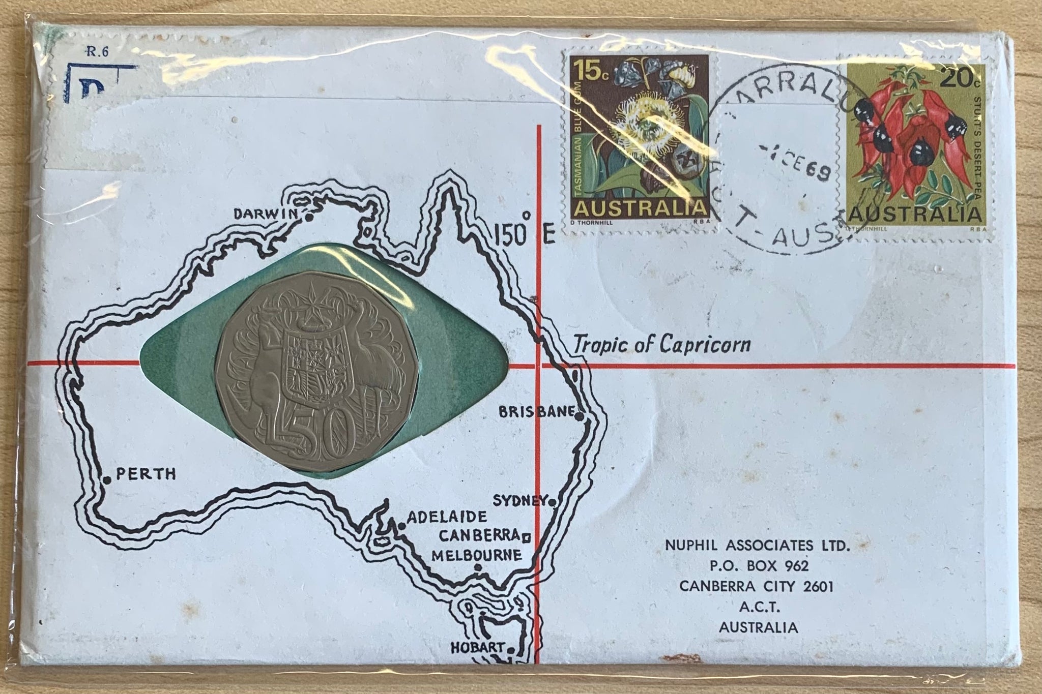 Australia 1969 50c Specimen Coin in Nuphil Yarralumla Stamp/coin cover PNC. Registration label is missing