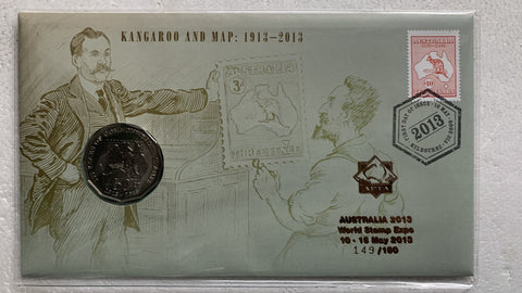 2013 Australian 50c Kangaroo And Map PNC 1st Day Issue overprinted "World Stamp Expo 10-15 May 2013