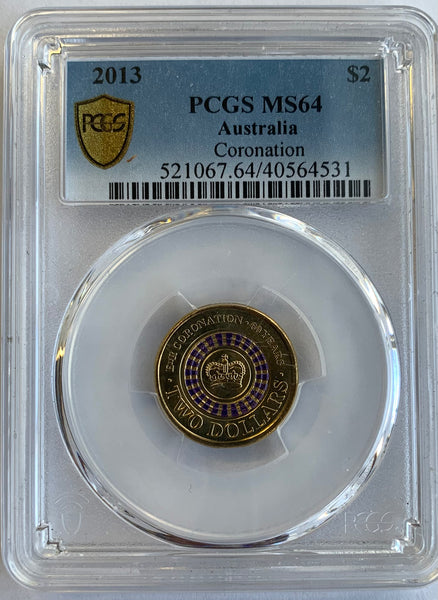 2013 $2 Coloured coin for 60th Anniversary of the Coronation of Queen Elizabeth II, no mintmark. PCGS graded MS64