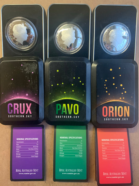 Australia 2012 Royal Australian Mint $5 Crux 2013 Pavo & 2014 Orion Domed 1oz 999 Silver Coin Box Cert