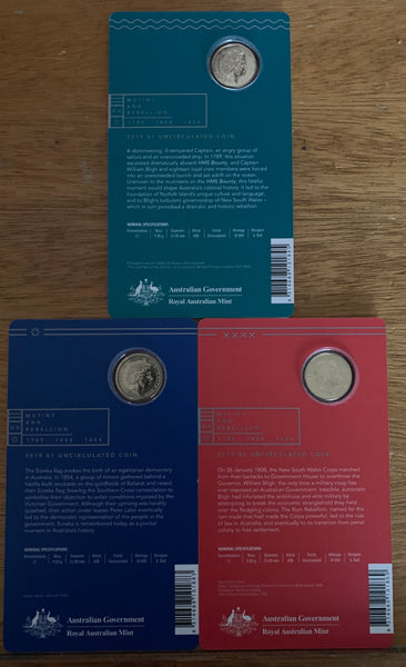 Australia 2019 Royal Australian Mint $1 Rebellion Uncirculated set of 3 Coins.
