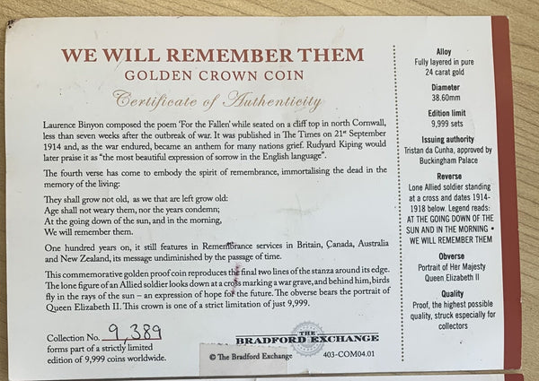 2014 The 1st World War Centenary Golden Crown Collection.. We Will Remember Them