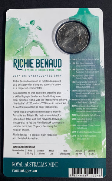 2017 Australia  Richie Benaud carded 50 cents coin