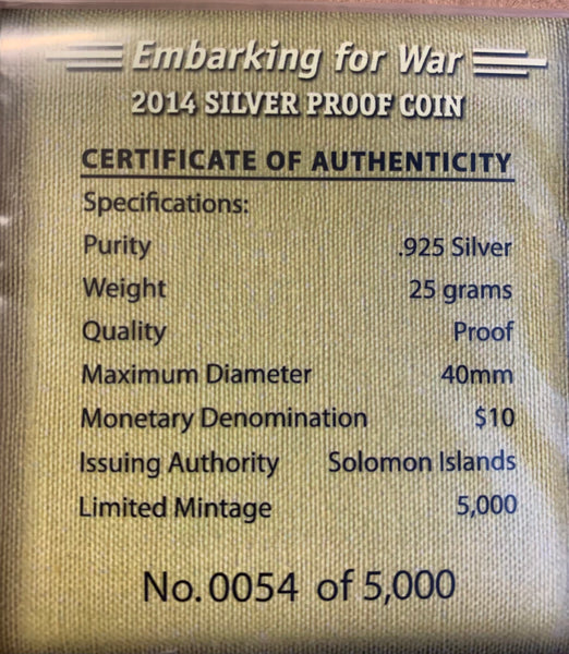 Solomon Islands 2014 First World War series 1oz .925 Silver Coin Box Cert