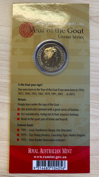 Australia 2015 Royal Australian Mint One Dollar $1 Lunar New Year of the Goat Coin