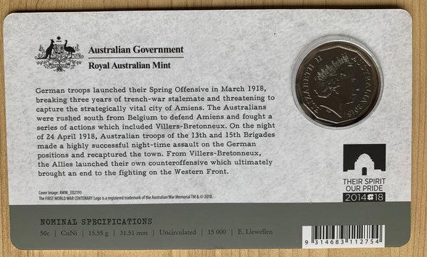 2018 Australia RAM Battle of Villers-Bretonneux Western Front 50 cents 50c Carded Uncirculated Coin