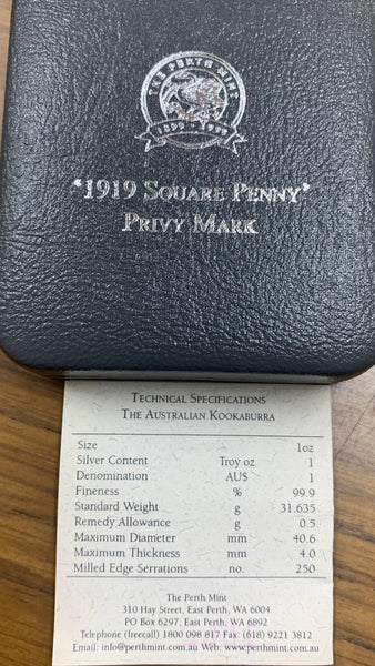 Australia 1999 Perth Mint Square Penny Privy Mark $1 Kookaburra 1oz Silver Coin