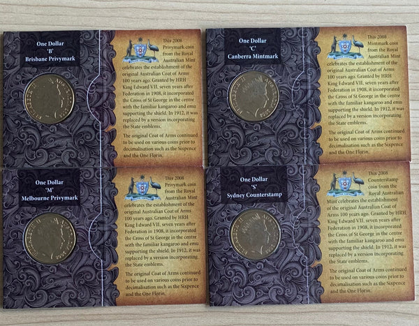 Australia 2008 Royal Australian Mint $1 Coat of Arms Coin with B, C, M, & S mintmarks in RAM folders