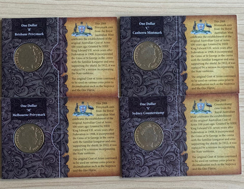 Australia 2008 Royal Australian Mint $1 Coat of Arms Coin with B, C, M, & S mintmarks in RAM folders