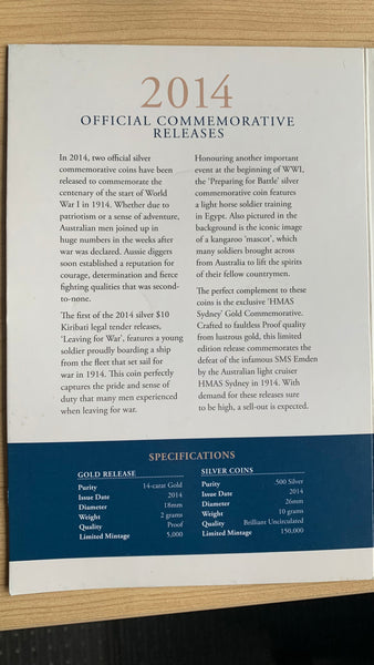 Australia Kiribati 2014 "The Centenary of WW1" with 2 x $10 Silver & 2g .585 Gold Coins