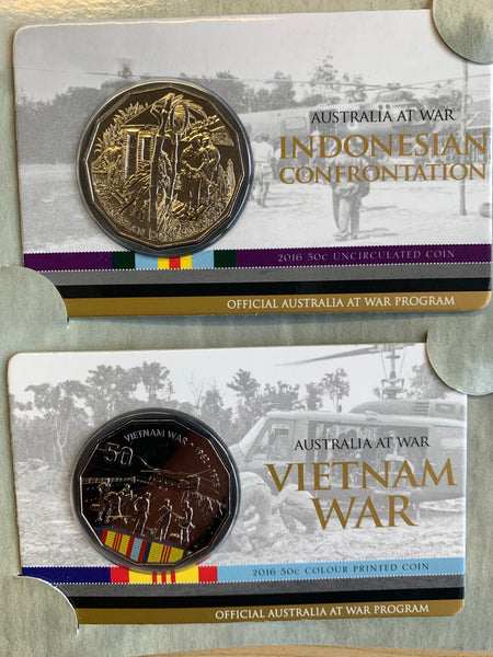 Australia 2014 - 2016 Royal Australian Mint Fifty Cents 50c Australians at War set of 18 Mint Coins on cards as issued