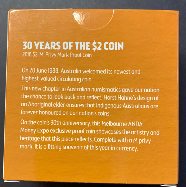 2018 ANDA Australia 30 years of the $2 Proof Coin  with "M" Privy Mark