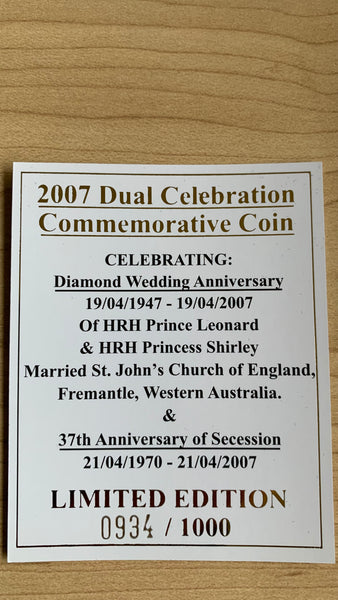 Australia 2007 Hutt River Province Diamond Wedding $30 Proof