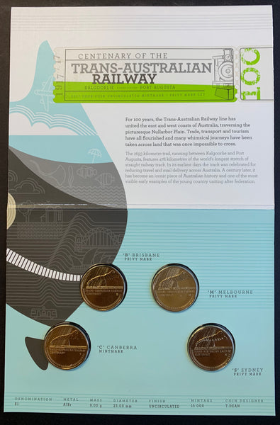 Australia 2017 Royal Australian Mint  $1 Trans-Australian Railway Dollar Coin Uncirculated Privy Mark Set of  4
