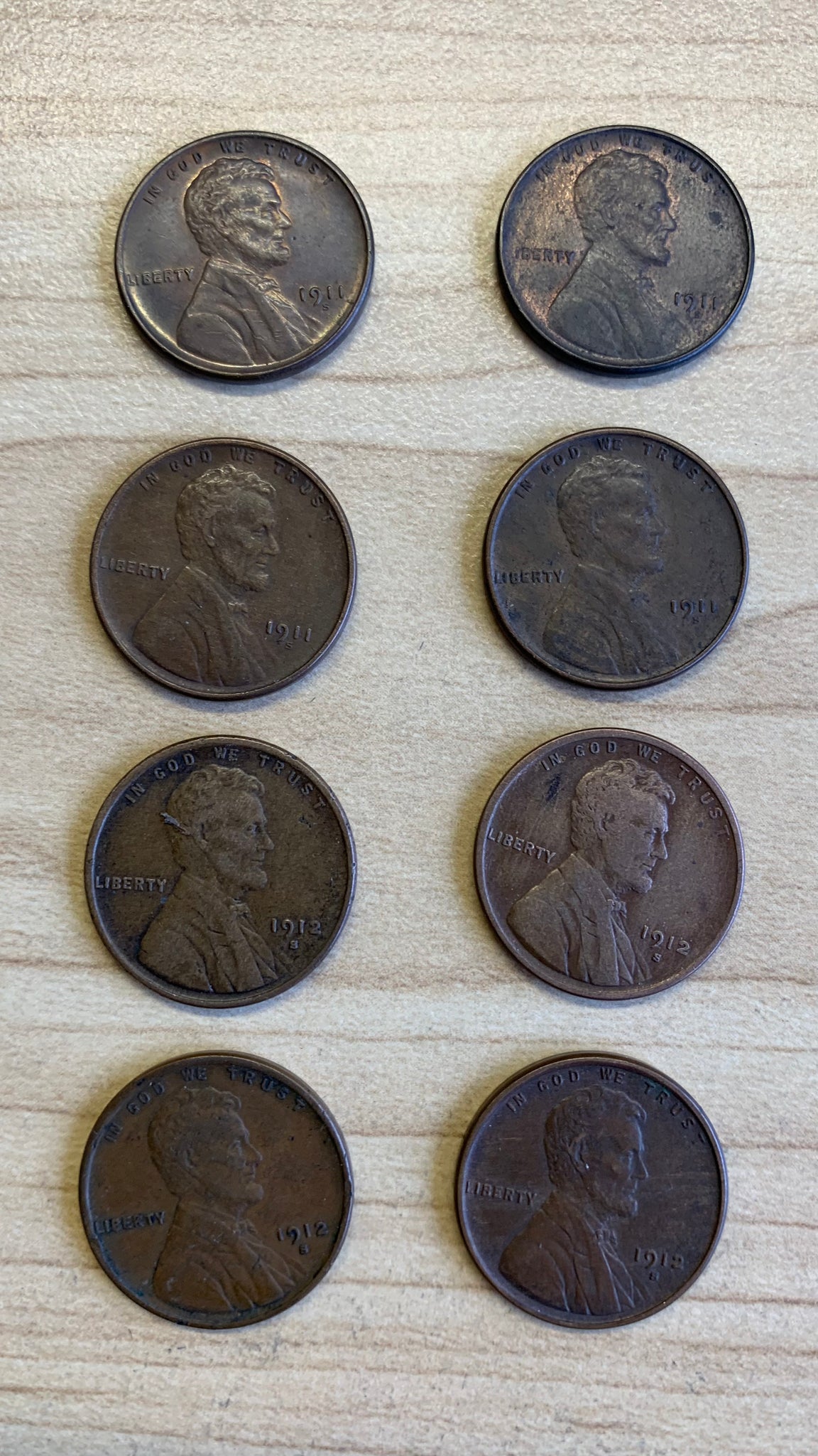 USA 1911s x 4 & 1912s x 4 S Mintmark Cent Coin. 1911 s 1912 s 1c coins