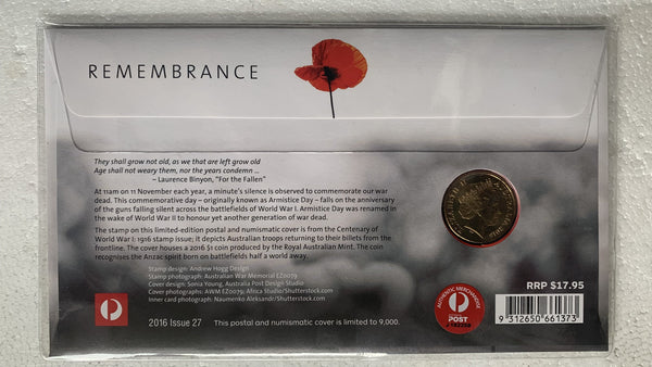 Australia 2016 Remembrance PNC with $1 coin