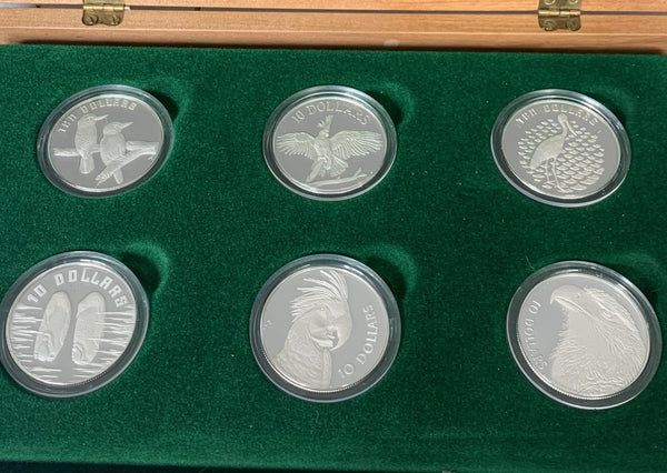 Australia 1989-1994 Royal Australian Mint Birds of Australia 6 x $10 Piedfort Proof Sterling Silver Coin Set in wooden case