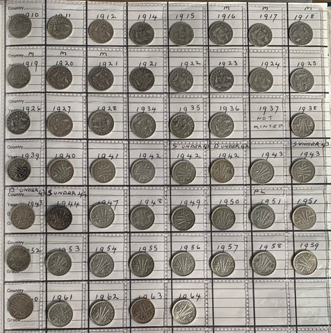 Australia 1910-64 Threepence 3d collection complete except overdates. Silver coins