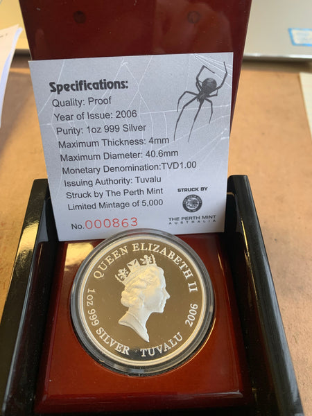 Tuvalu 2006 $ Deadly and Dangerous Australian Red Back Spider 1oz 999 Silver Proof Coin Box Cert