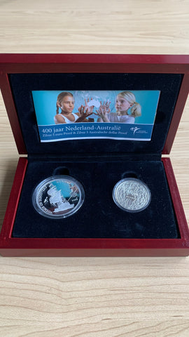 Australia 2006 Royal Australian Mint $5 Voyage of Discovery Duyfken Silver proof & Netherlands 5 Euro Joint issue
