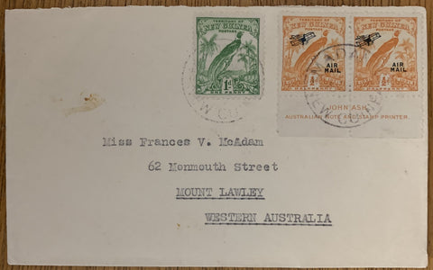 New Guinea ½d Orange dated bird overprinted airmail pair on cover to WA