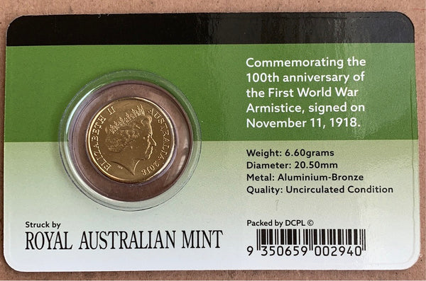 2018 Australia $2 Remembrance Day Armistice Coloured Carded Uncirculated Coin