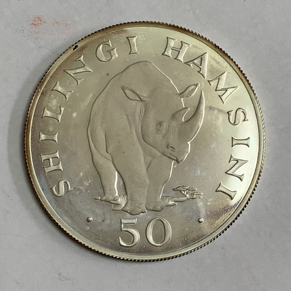 Tanzania 1974 50 Shilling Rhinoceros Silver Proof.