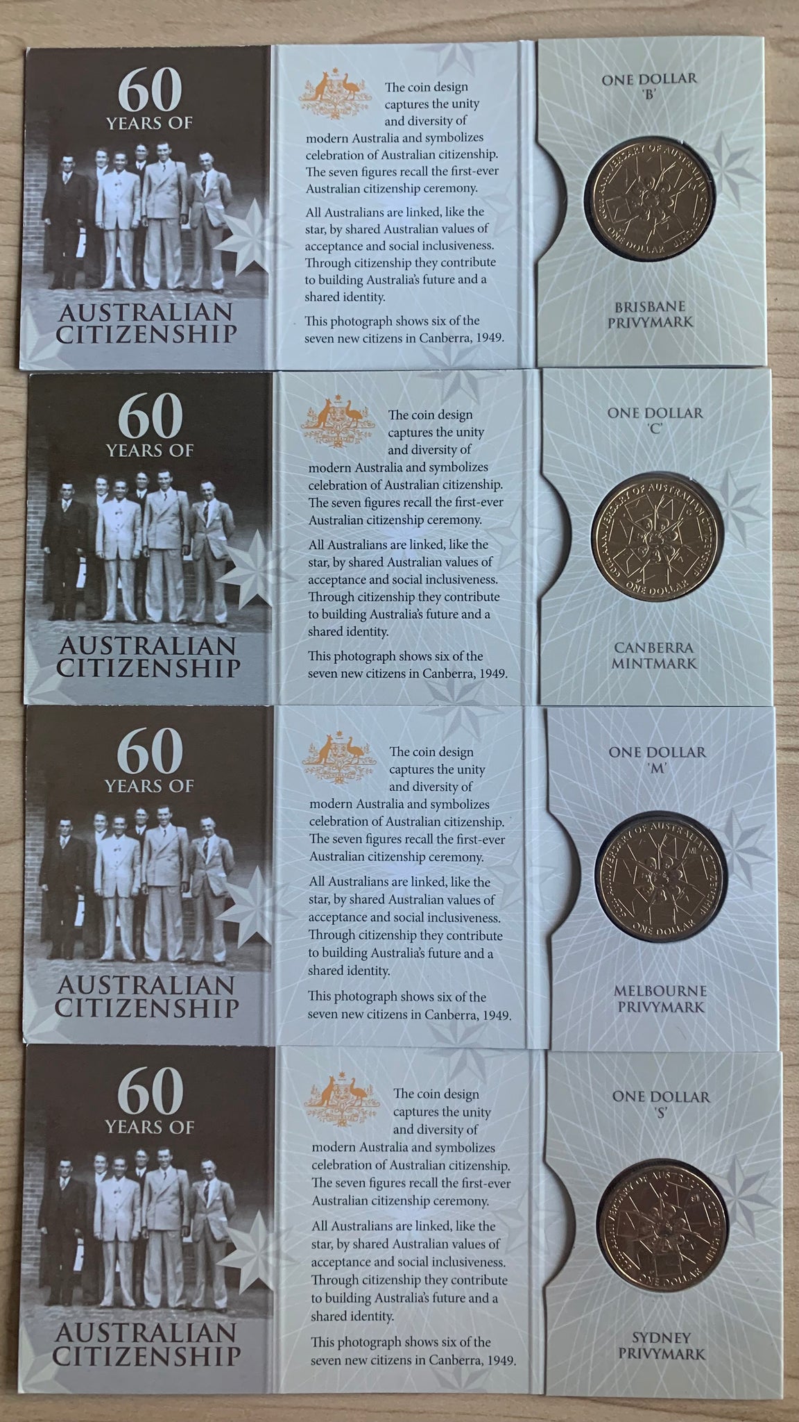 Australia 2009 Royal Australian Mint $1 Citizenship Coins B, C, M, & S mintmarks in RAM folders