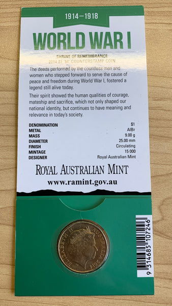 2014 Australia ANZAC Centenary carded $1 Uncirculated Coin. M Counterstamp