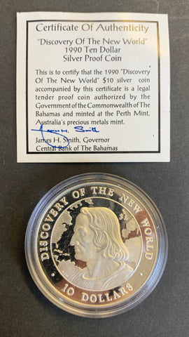 Bahamas 1990 $10 Silver Discovery of The New World Uncirculated coin