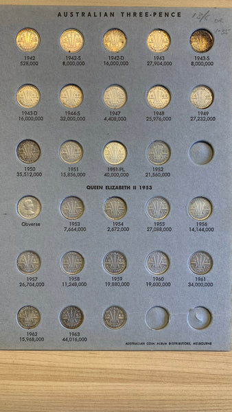 Australia 1910-64 Threepence 3d collection in Hendo album. Complete except overdates