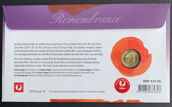 2014 Remembrance Day $2 Coloured Coin  PNC