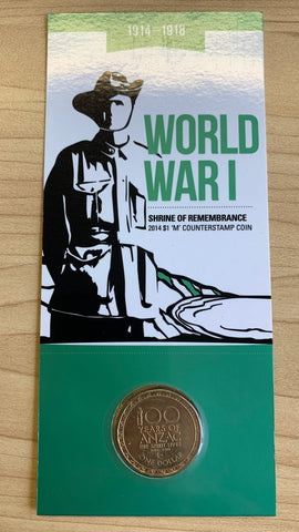 2014 Australia ANZAC Centenary carded $1 Uncirculated Coin. M Counterstamp