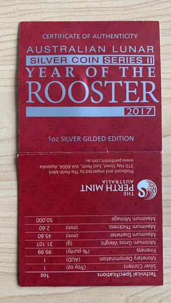 Australia 2017 Perth Mint Year of the Rooster Lunar Series II 1oz .999 Silver Proof Coin
