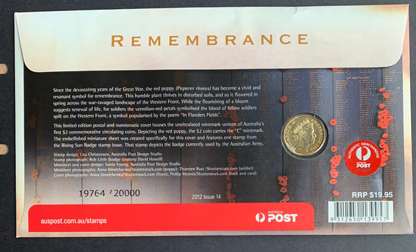 2012 RAM $2 Remembrance Day Poppy C Mintmark Coloured Coin PNC