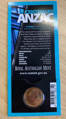 2015 Australia ANZAC Centenary carded $1 Uncirculated Coin.