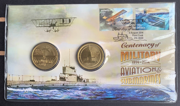 2014 $1 x 2 Australian Centenary of Military Aviation & Submarines PNC 1st Day Issue