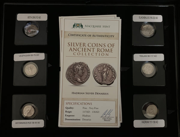 Roman Set of 12 Silver Denarius Coins in Display Box with Certificates