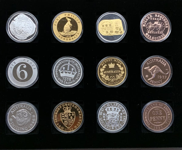 Macquarie Mint "The History of Australian Coinage" Set of 24 Medallions finished in various precious Metals