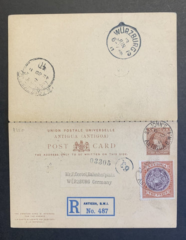 Antigua Penny Halfpenny Reply Post Card cancelled May 5 1911 Registered St. John's to Germany