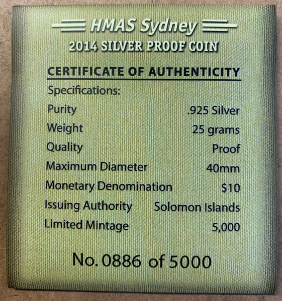 Solomon Islands 2014 First World War - HMAS SYDNEY 1oz .925 Silver Coin Box Cert