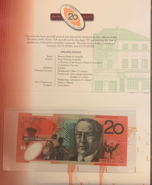 1997 $5,$10,$20,$50 & $100 Australian Banknote Folder Matching Serial Numbers AA97001302