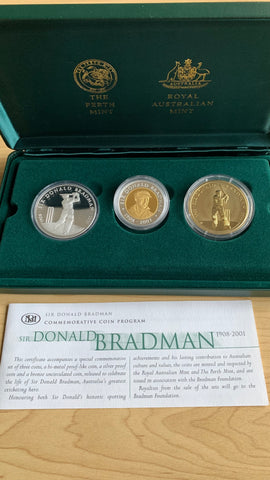 Australia 2001 Royal Australian Mint Sir Donald Bradman cricket Gold Silver & Bronze Tri Metal Coin Set