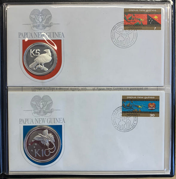 Papua New Guinea 1975 Proof Stamp Coin Covers includes 5K & 10K Silver Coins