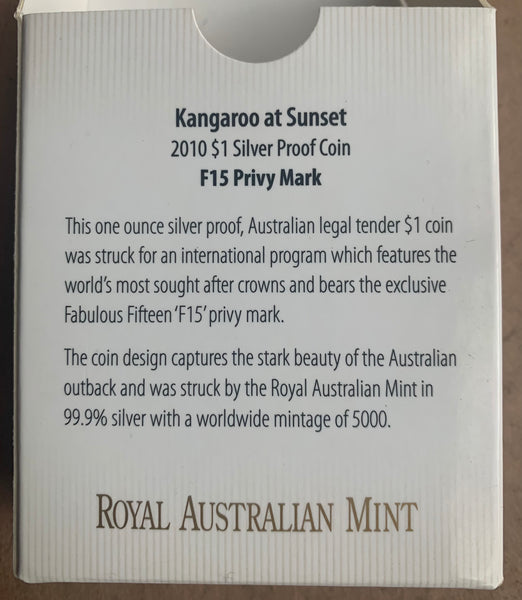 Australia 2010 Royal Australian Mint $1 Kangaroo At Sunset F15 Privy Mark .999 Silver Proof Coin