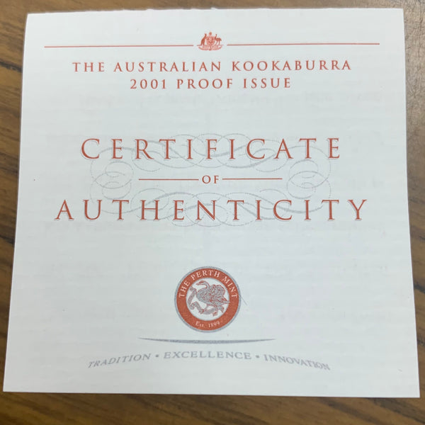 Australia 2001 Perth Mint $1 The Australian Kookaburra 1oz 999  Silver Proof Coin