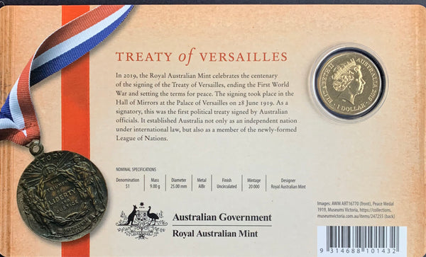 Australia 2019 Royal Australian Mint $1 Versailles Treaty carded Uncirculated Coin.