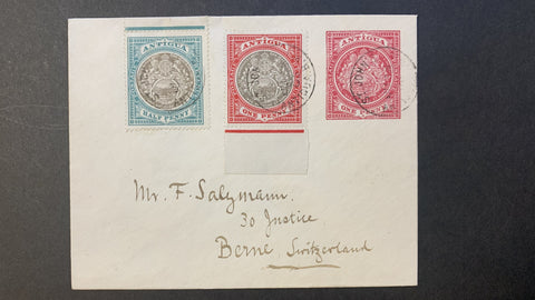 Antigua One Penny 1d Red Coat of Arms Envelope used St. John's to Bern  23/7/1905