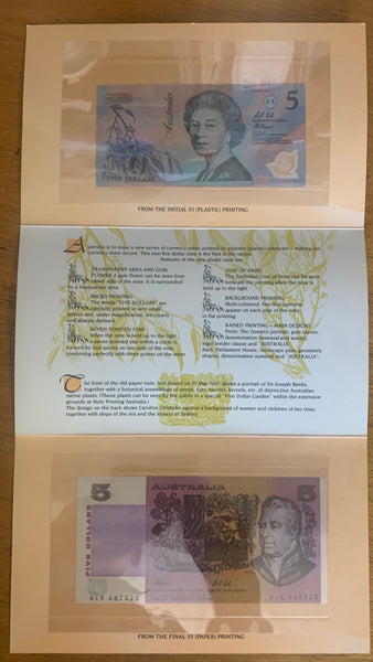 Australia $5 Last Paper & 1st Polymer Uncirculated Banknote Folder